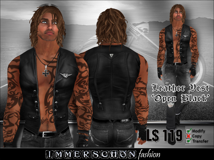 Second Life Marketplace Immerschoen Man Leather Vest 'Open' (Black)